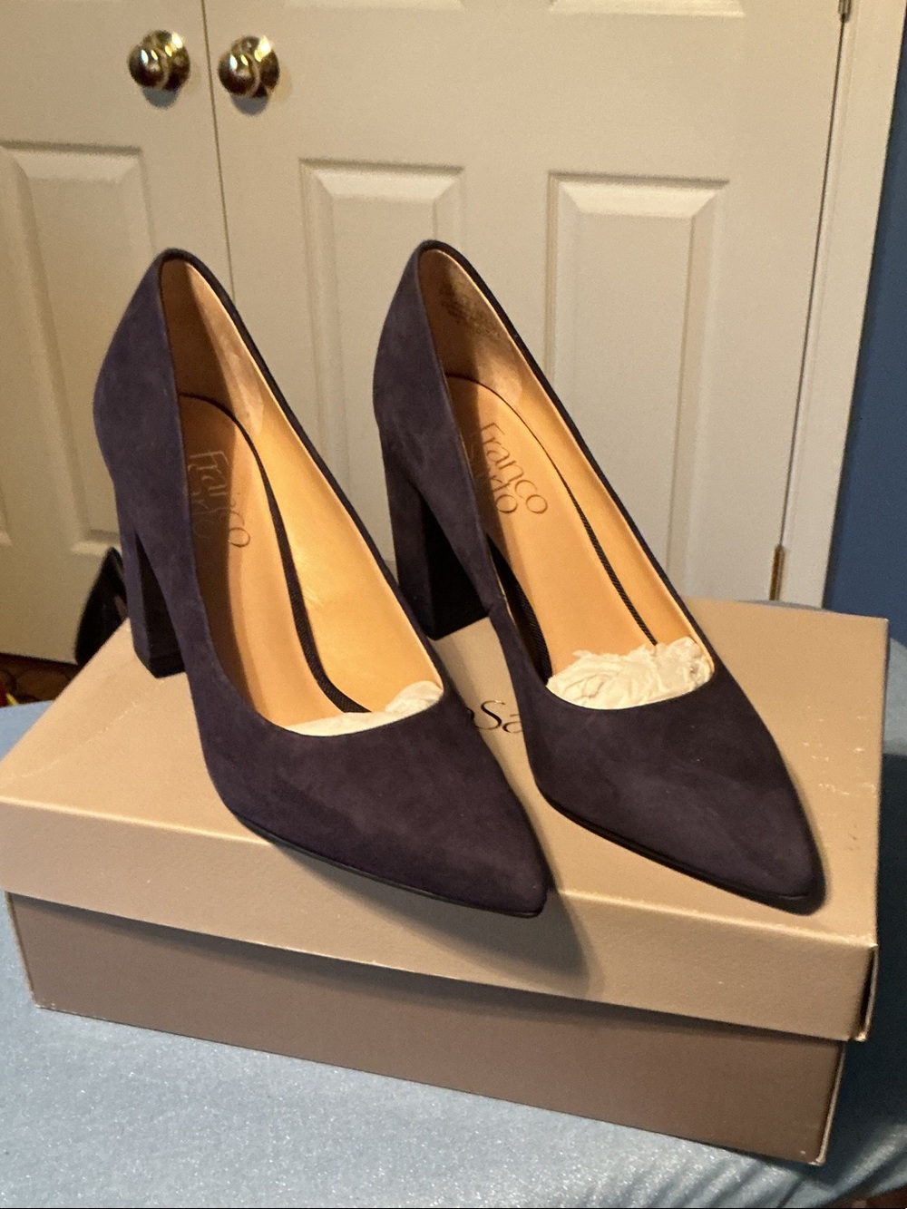 Franco Sarto Navy Suede Pointed-Toe Block Heels